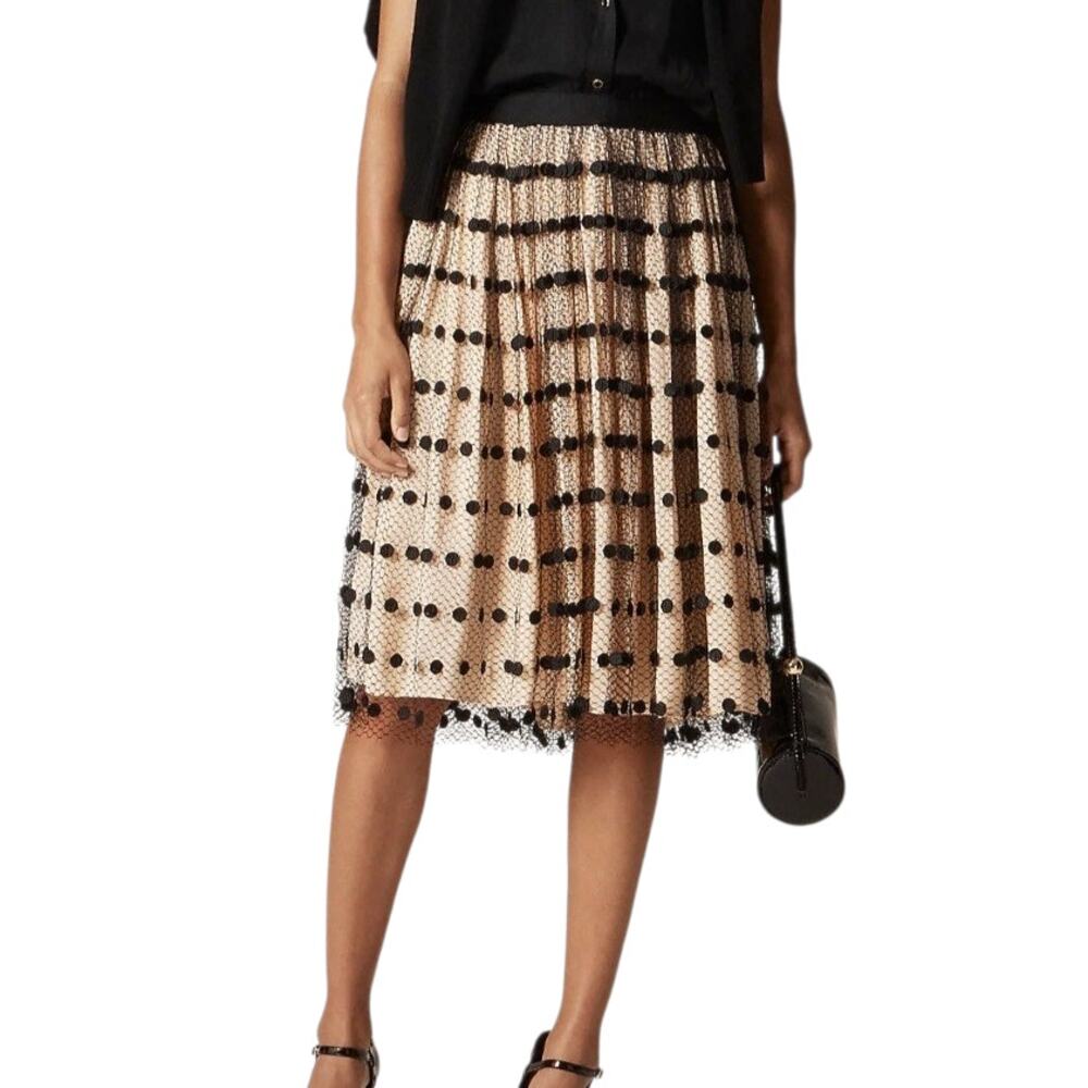 J. Crew Beige Tulle Midi Skirt with Black Polka Dot Overlay